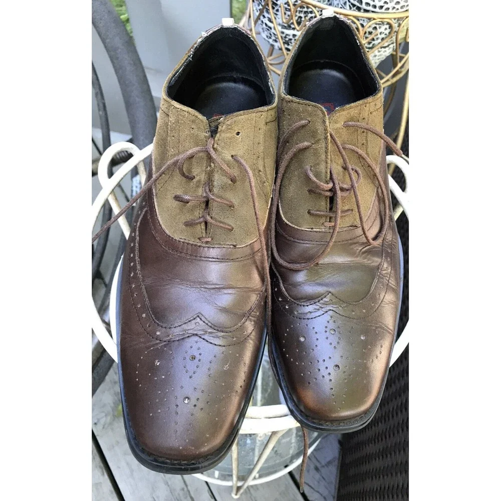 Kenneth Cole REACTION Men Trick Play Wing Tip Oxford brown leather 7.5 Shoes